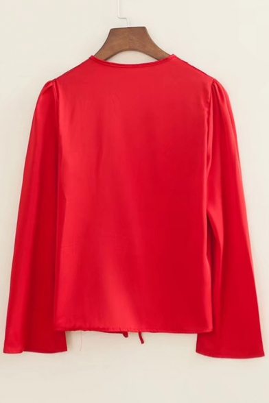 Sexy Satin V Neck Tied Front Long Sleeve Plain Cropped Blouse