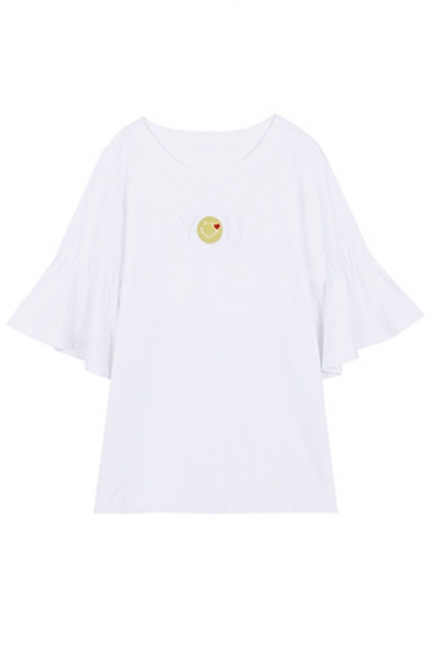 Smile Face Embroidered Round Neck Ruffle Detail Short Sleeve Tee