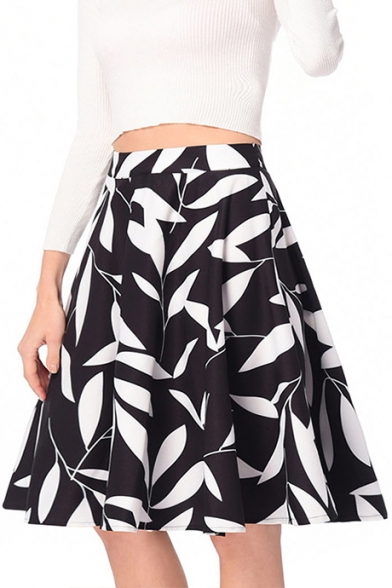 Spring's New Arrival Elegant Leaf Printed Zipper Fly Midi A-Line Skirt