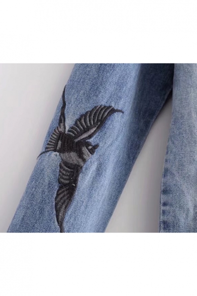 Bird Embroidery Lapel Single Breasted Pocket Detail Denim Jacket