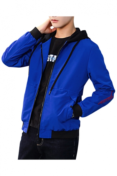 Letter Embroidered Color Block Long Sleeves Zippered Hooded Jacket