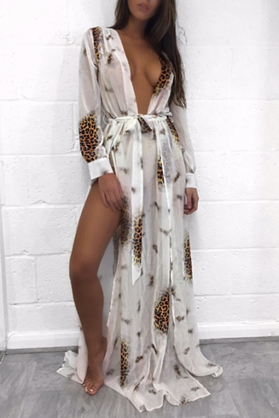 Wild Jungle Style Long Sleeve Leopard Pattern Bow Belted Maxi Beach Dress
