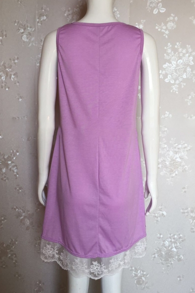 Women's Fashion Lace Hem Round Neck Sleeveless Loose Mini Tank Dress