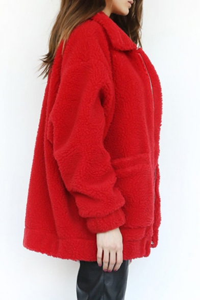 Women's Fashion Lapel Double Pocket Detail Loose Winter Zip Up Fur Coat