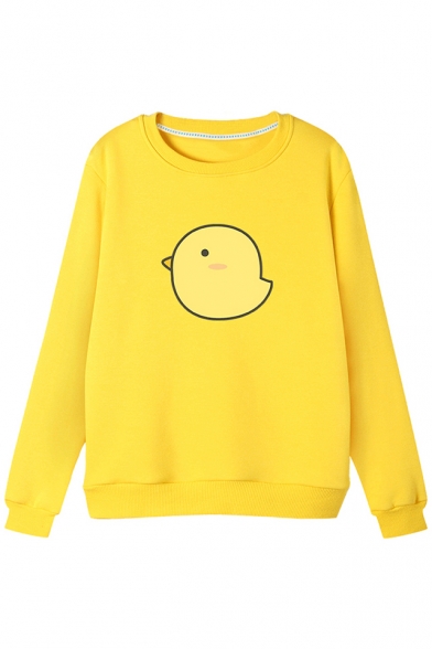 Adorable Chick Cartoon Print Round Neck Long Sleeves Pullover Sweatshirt
