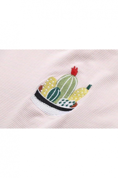 Cactus Embroidered Striped Printed Round Neck Short Sleeve Roll Cuff Detail Tee
