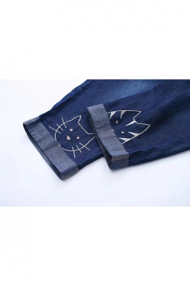 Cat Embroidered Elastic Waist Wide Leg Denim Crop Jeans