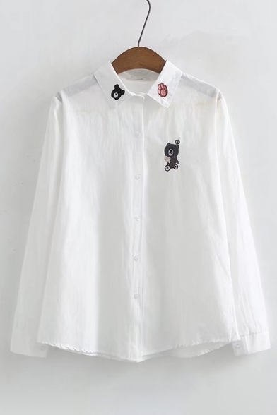 Chic Bear Cartoon Paw Embroidery Lapel Button Front Long Sleeve Shirt