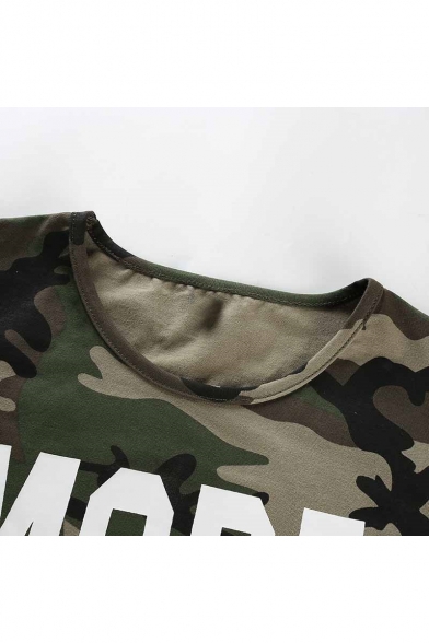 Chic Camouflage Letter Printed Round Neck Short Sleeve Cropped Tee