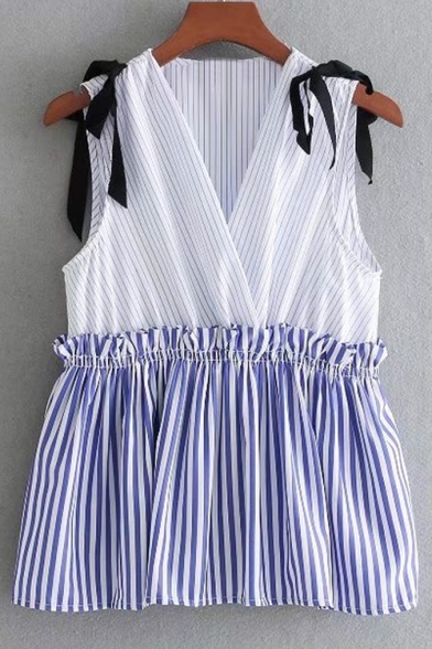 Chic Color Block Striped Printed V Neck Sleeveless Bow Detail Blouse