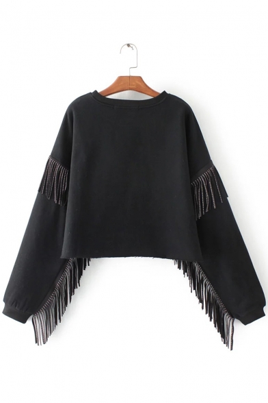 Chic Tassel Detail Round Neck Long Sleeves Pullover Cropped Sweatshirt