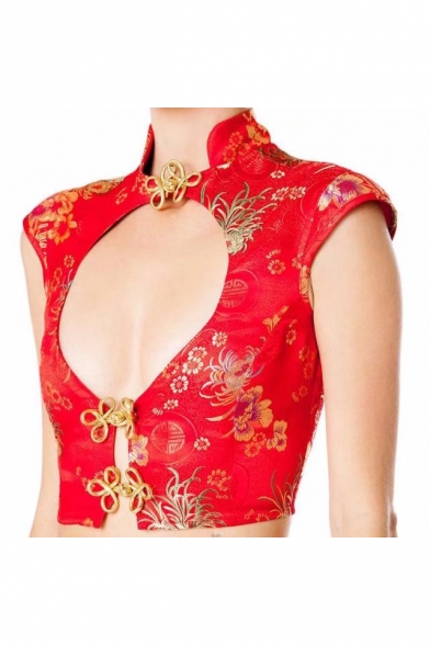 Chinese Retro Embroidered Stand Up Collar Cap Sleeve Hollow Out Front Buttons Embellished Cropped Blouse