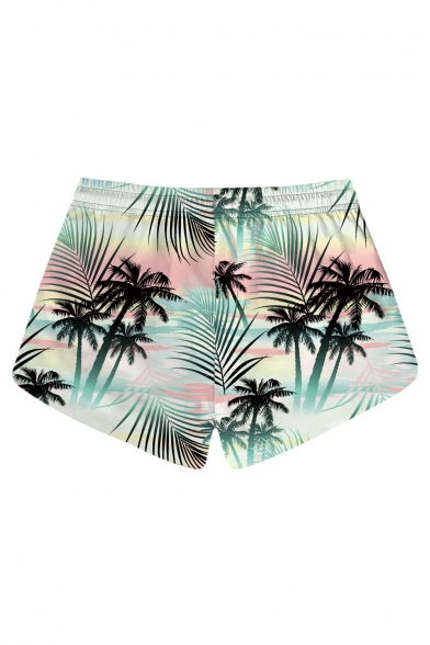 Coconut Tree Printed Drawstring Waist Beach Shorts with Pockets