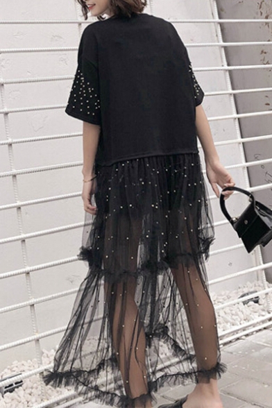 Cool Gauze Patchwork Beaded Sequined Eagle Letter Pattern Layered Midi T-shirt Dress