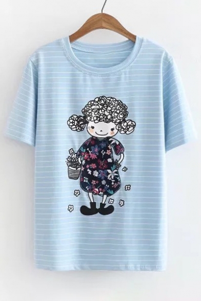 Curly Hair Girl Pattern Patched Round Neck Striped Short Sleeve Tee