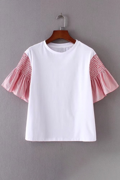 Cute Fashion Ruffle Sleeve Color Block Round Neck Summer Casual Tee