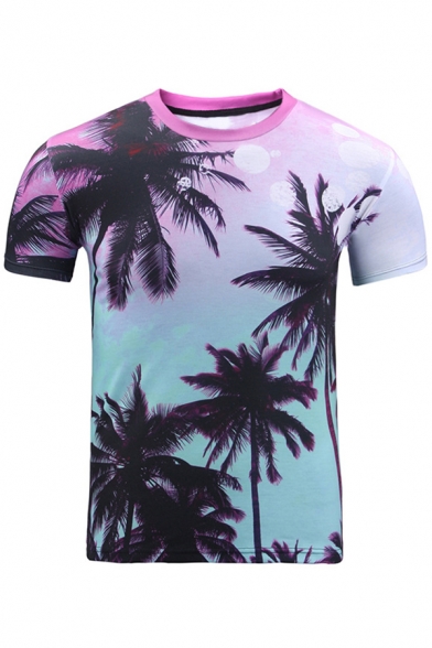 Digital Coconut Tree Printed Round Neck Short Sleeve Leisure Tee