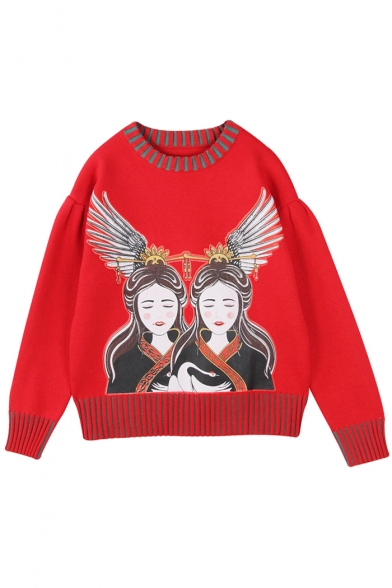 Ethnic Cartoon Feather Pattern Round Neck Long Sleeves Pullover Sweater