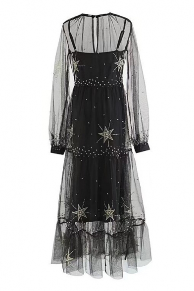 Fairylike Round Neck Star Embroidered See Through Ruffle Hem Two Pieces Midi Dress