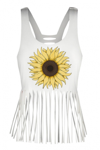 Fancy Sunflower Print Scoop Neck Tassel Hem Summer Women's Tank Top