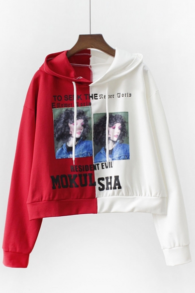 Fashionable Character Letter Print Color Block Long Sleeves Pullover Cropped Hoodie