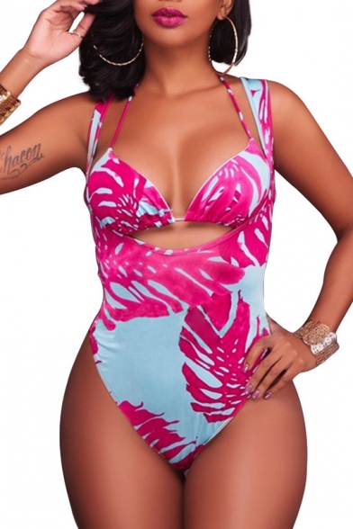 Holiday Sexy Leaf Printed Halter Two Pieces Hollow Out Back Swimwear