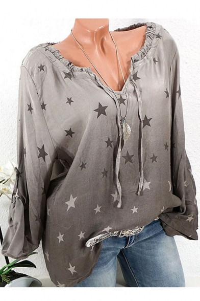 Hot Fashion Star Print Ombre V-Neck Long Sleeve Loose Blouse
