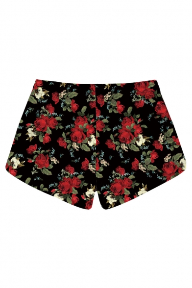 Hot Popular Summer New Stylish Rose Printed Drawstring Waist Shorts
