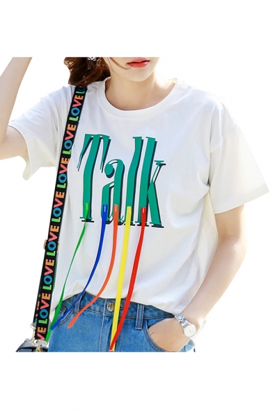 Letter Printed Colorful Straps Embellished Round Neck Short Sleeve Tee