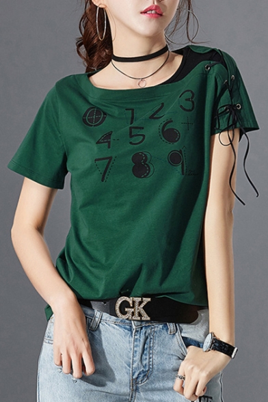 Letter Printed Round Neck Color Block Lace Up Embellished Short Sleeve Tee