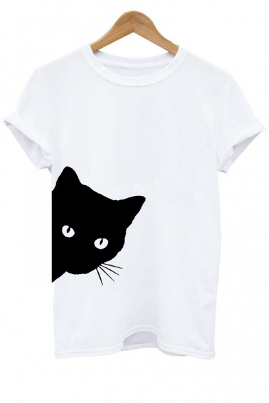 Lovely Cat Print Round Neck Short Sleeves Casual Monochrome Tee