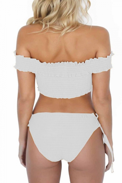 New Trendy Off The Shoulder Short Sleeve Lace Up Grommet Embellished Plain Bikini