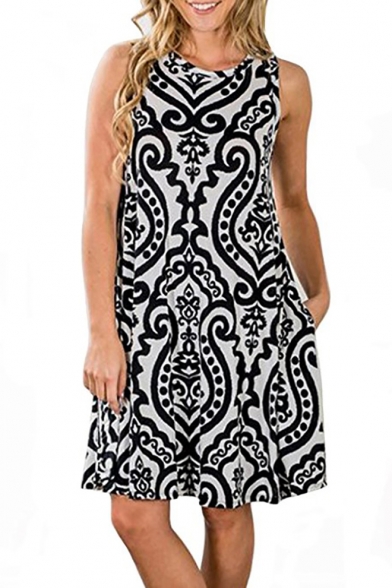 New Trendy Tribal Printed Round Neck Sleeveless Mini A-Line Dress