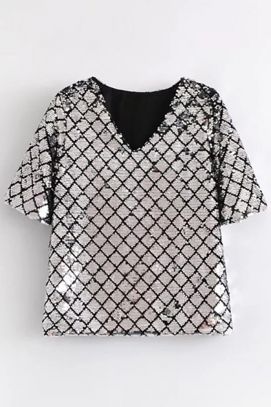 Party Style V-Neck Short Sleeve Diamond Sequined Plaids Summer Tee