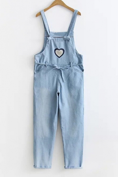 Pop Fashion Sweetheart Embroidery Bow Belted Pocket Detail Overall Denim Jumpsuit
