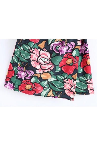 Popular Floral Print Short Sleeve V Neck Mini Wrap Summer Dress