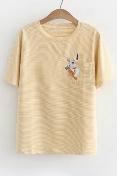 Rabbit Embroidered Detail Pocket Striped Printed Round Neck Short Sleeve Tee