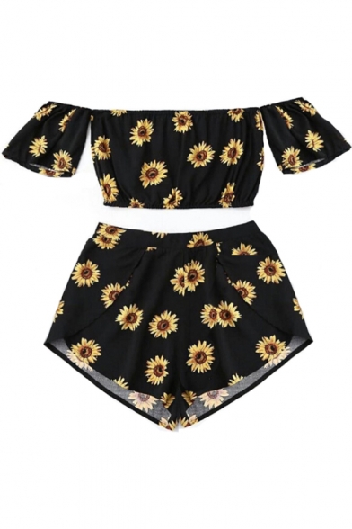 Retro Sunflower Floral Print Off the Shoulder Cropped Top with Loose Shorts