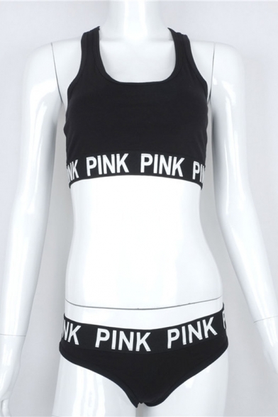 Sportive Letter Printed Scoop Neck Cropped Tank with High Waist Panty