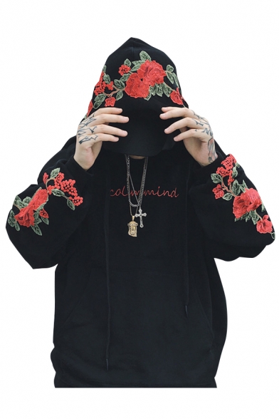 Stylish Rose Embroidered Long Sleeve Leisure Hoodie for Couple