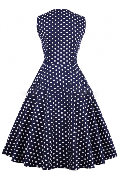 Trendy Polka Dotted Square Neck Button Detail Midi Fit & Flare Dress