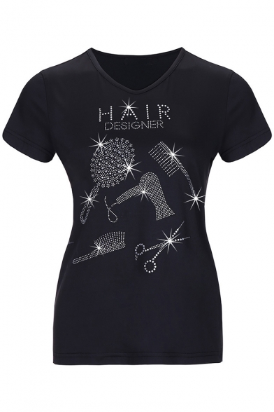 Unique Hair Dryer Comb Mirror Letter Print V Neck Short Sleeves Casual Tee