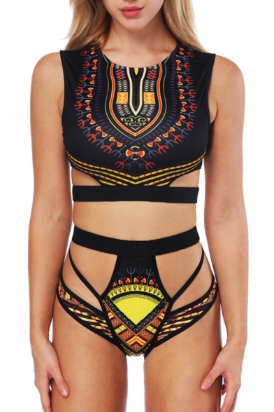 

Beach Style Tribal Print Strappy Detail Hollow Out Tankini, LC464824