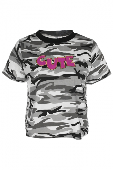 Camouflage Letter Printed Round Neck Short Sleeve Leisure Tee