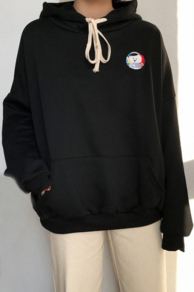 Cartoon Embroidered Patched Drawstring Hood Long Sleeve Leisure Hoodie
