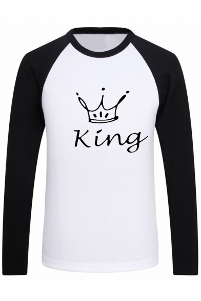 Color Block Raglan Long Sleeve Round Neck Crown Letter Printed Graphic Tee