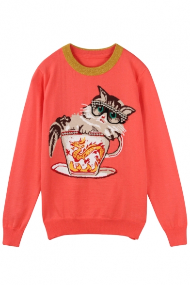 Cute Cat Cup Dragon Embroidered Round Neck Long Sleeves Pullover Beaded Sweater
