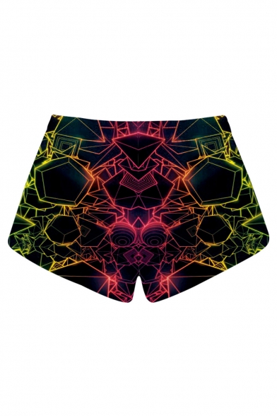 Digital Geometric Printed Drawstring Waist Shorts with Pockets