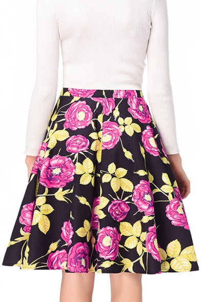 Elegant Floral Printed Zipper Fly High Waist Midi A-Line Skirt