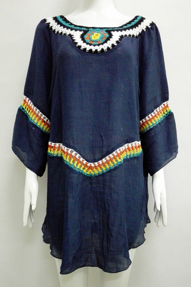 Ethnic Style Tribal Embroidered Wide Sleeve Boat Neck Swing Mini Dress